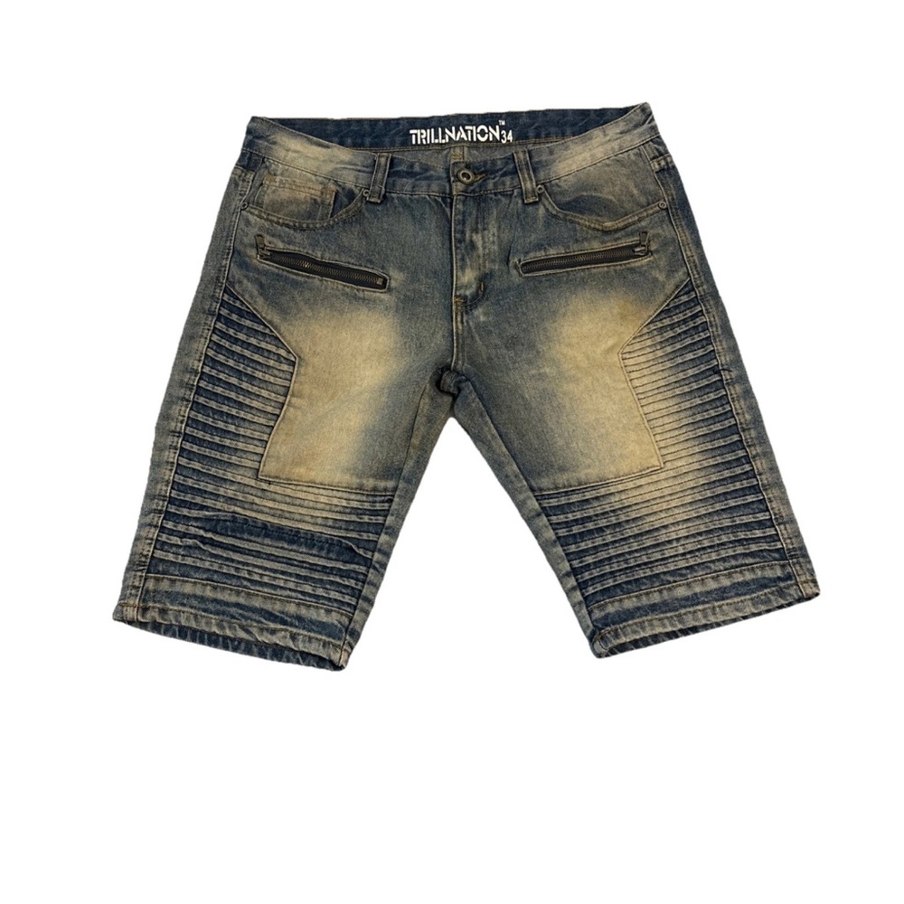 Trill Nation Men Shorts Sz 34 Blue Ribbed Panel Wash Biker Distressed Stylish